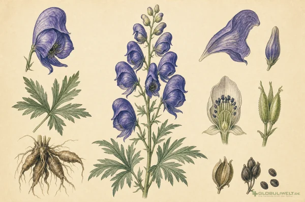 Botanische Illustration von Aconitum Napellus (Blauer Eisenhut) – Ausgangssubstanz der homöopathischen Globuli