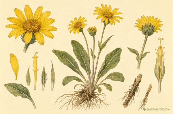 Botanische Illustration von Arnica (Bergwohlverleih) – Ausgangssubstanz der homöopathischen Globuli