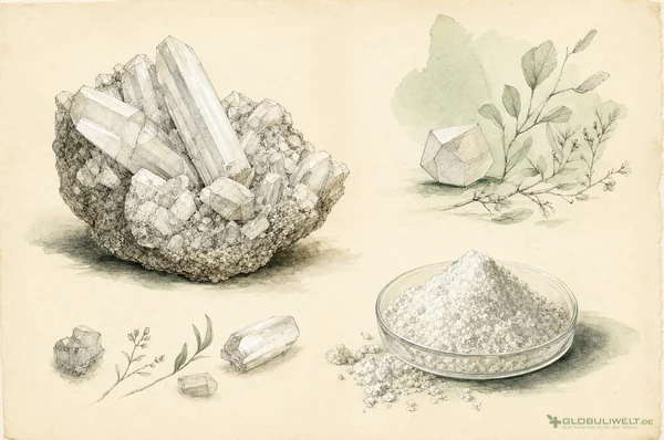 Mineralogische Illustration von Arsenicum Album (Weißes Arsen) – Ausgangssubstanz der homöopathischen Globuli