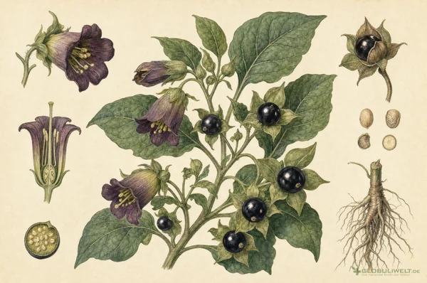 Botanische Illustration von Atropa Belladonna (Tollkirsche) – Ausgangssubstanz der homöopathischen Globuli