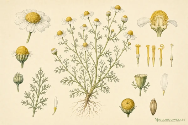 Botanische Illustration von Chamomilla (Kamille) – Ausgangssubstanz der homöopathischen Globuli