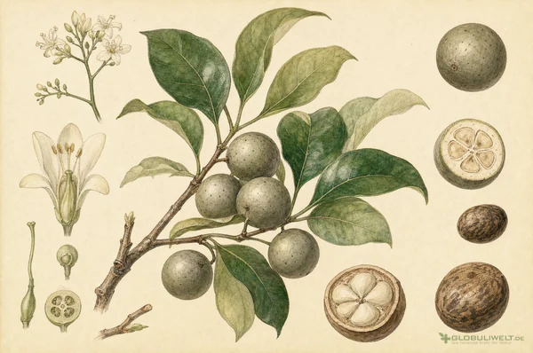 Botanische Illustration von Nux Vomica (Brechnuss) – Ausgangssubstanz der homöopathischen Globuli
