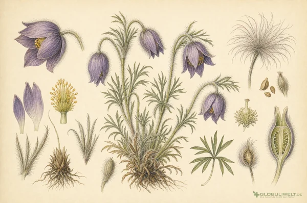 Botanische Illustration von Pulsatilla (Wiesenküchenschelle) – Ausgangssubstanz der homöopathischen Globuli